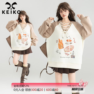 KEIKO 设计感绑带V领插肩袖卫衣女秋季美式慵懒运动休闲宽松外套