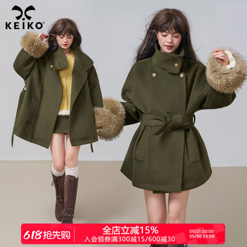 KEIKO高级感橄榄绿廓形毛呢外套