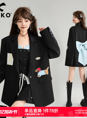 KEIKO 设计感贴布休闲西装外套女26春夏小西服+背心+休闲裤三件套
