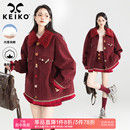 KEIKO 高级感绒面皮翻领皮衣外套25秋冬安可拉红花形扣夹克两件套