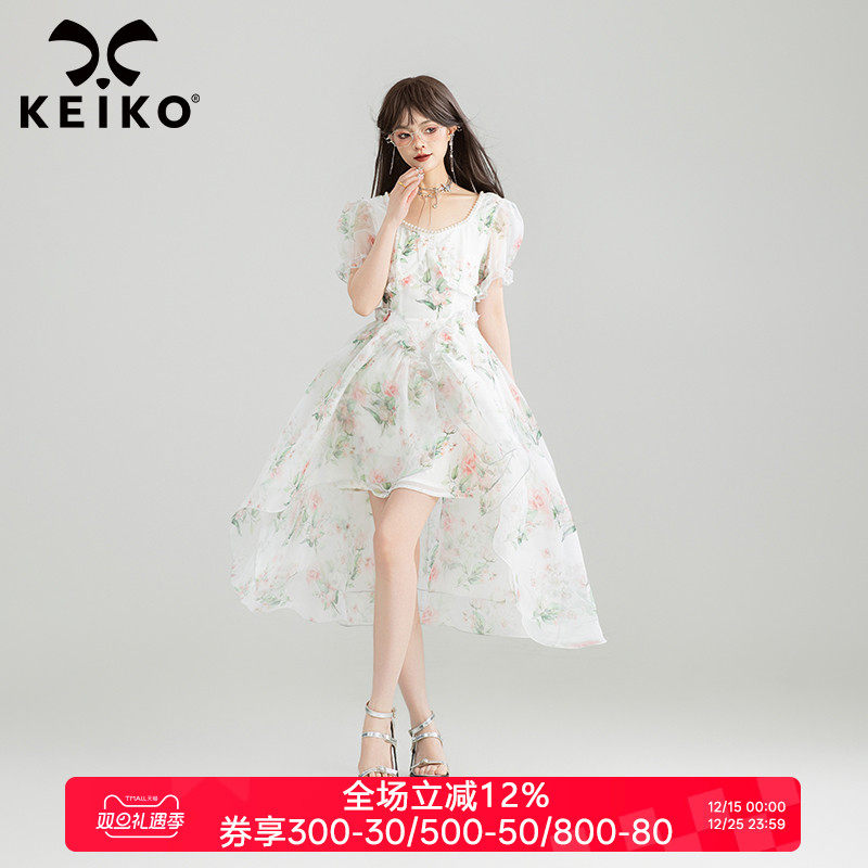 KEIKO [两穿]绝美薄纱拼接碎花连衣裙夏季海边度假蓬蓬白色公主裙