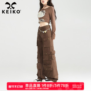 KEIKO 美式复古多口袋阔腿工装裤女26春季宽松直筒休闲裤伞兵裤子