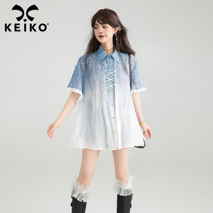 夏季 KEIKO 衬衫 轻透感渐变色短袖 高级感独特漂亮显瘦雪纺上衣 法式