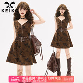 蝴蝶印花丝绒系带连衣裙2026早春巴恩风咖色无袖 KEIKO 法式 背心裙