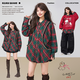 2026春季 衬衫 氛围感重工织条拼接植绒上衣 圣诞系列格纹长袖 KEIKO