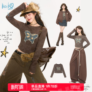 辣妹复古弹力修身 t恤女26春季 显瘦打底上衣 蝴蝶花贴布长袖 KEIKO