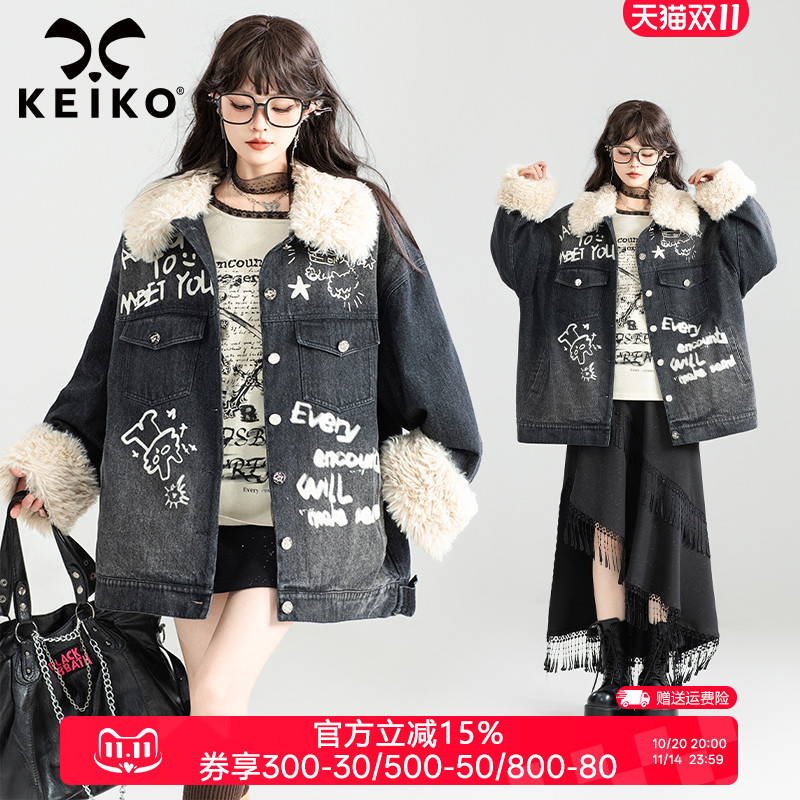 KEIKO美式复古黑色翻领牛仔外套