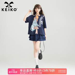 t恤女25夏季 学院印花短袖 新复古轻运动织带饰露肩上衣 美式 KEIKO