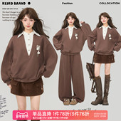 咖色加绒卫衣套装 26春季 领假两件拼接polo上衣 KEIKO 卫裤 两件套