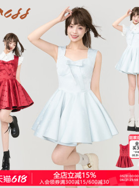 KEIKO 千金感蓝色蝴蝶结吊带连衣裙夏季显瘦蓬蓬A字裙公主礼服裙
