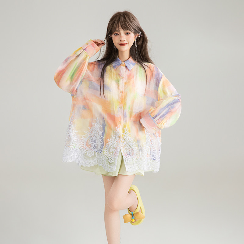 KEIKO 霞散成绮 莱塞尔轻薄晕染花色衬衫夏季微廓蕾丝边防晒上衣