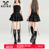 显瘦穿搭 甜辣显瘦A字蓬蓬蛋糕裙 灵动飘绳饰黑色半身裙短裙夏季