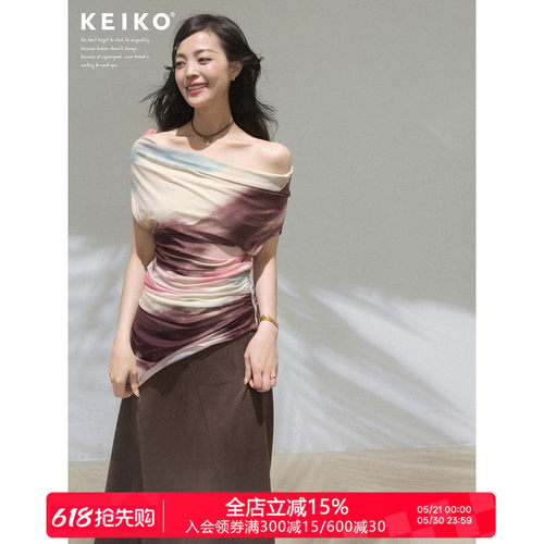 KEIKOVintage艺术晕染斜肩上衣