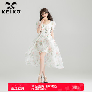 KEIKO [两穿]绝美薄纱拼接碎花连衣裙夏季海边度假蓬蓬白色公主裙