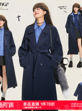 KEIKO 高级感藏蓝色双排扣风衣外套26春季韩系通勤系带中长款大衣