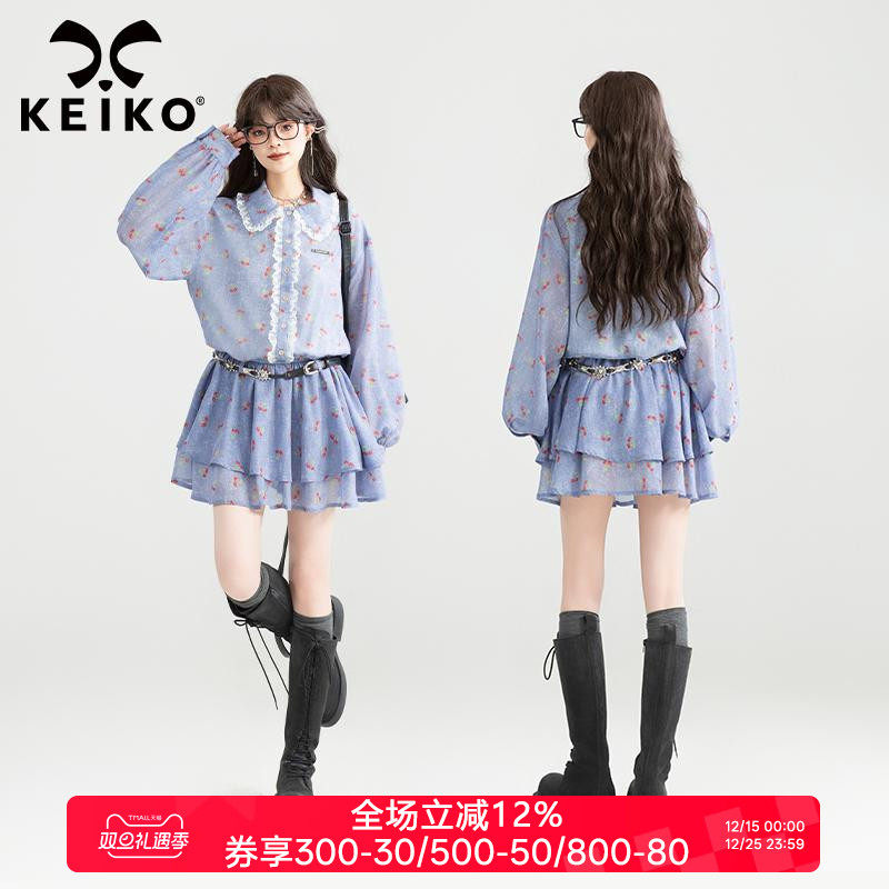 KEIKO 法式轻甜樱桃碎花连衣裙25秋季温柔感小个子娃娃领雪纺短裙