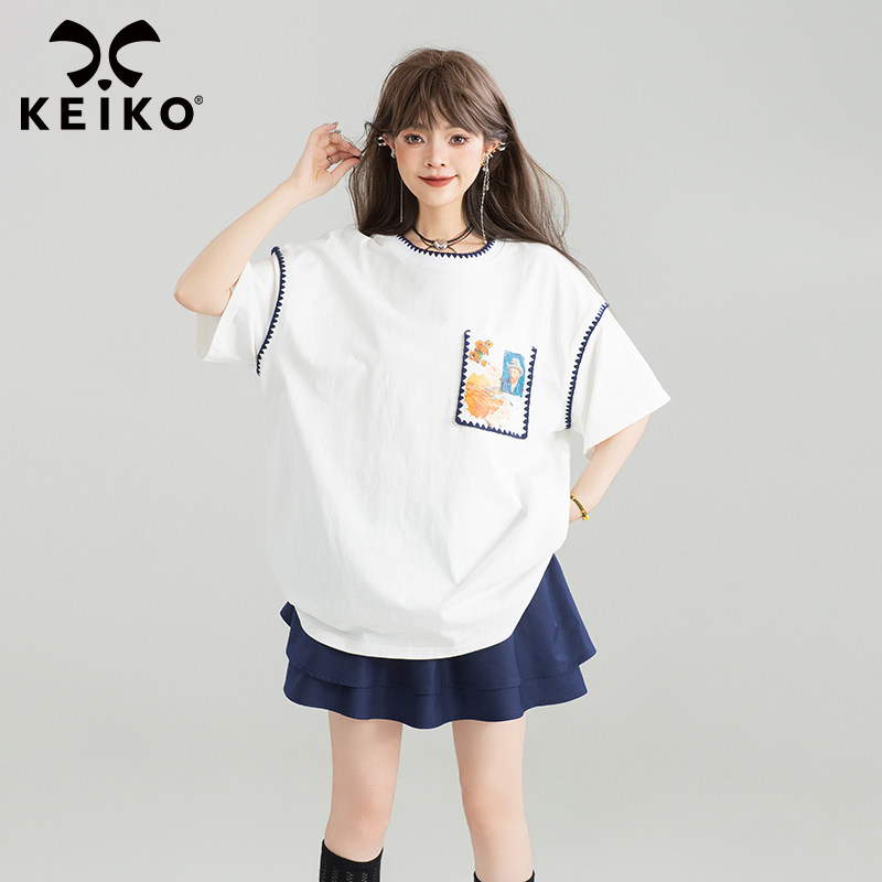 KEIKO [100%棉] 贝壳包边绣白色短袖t恤夏季文艺风宽松半袖上衣