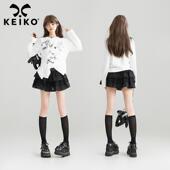 不规则设计显瘦圆领长袖 KEIKO 字母印花白色正肩t恤女26春季 上衣
