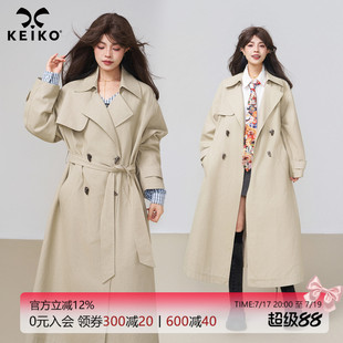 KEIKO  韩系卡其色全棉长款风衣女秋季垂感廓形双排牛角扣外套