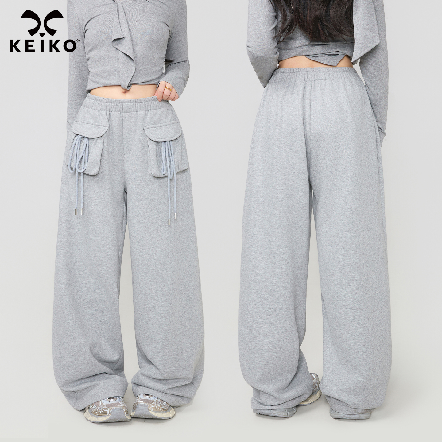 KEIKO设计抽绳口袋灰色加绒卫裤