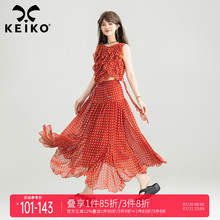 KEIKO法式褶花雪纺上衣女夏日穿搭套装波点无袖衬衫+半身裙两件套