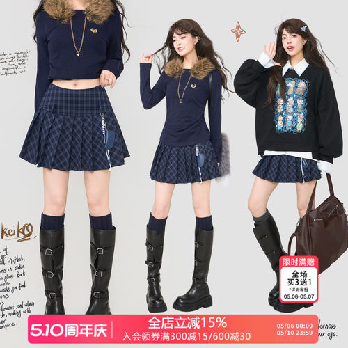 KEIKO学院风藏青格纹百褶半身裙