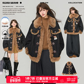 复古毛绒翻领牛仔外套冬季 KEIKO 绗缝夹棉 高级感羊羔毛拼接棉服