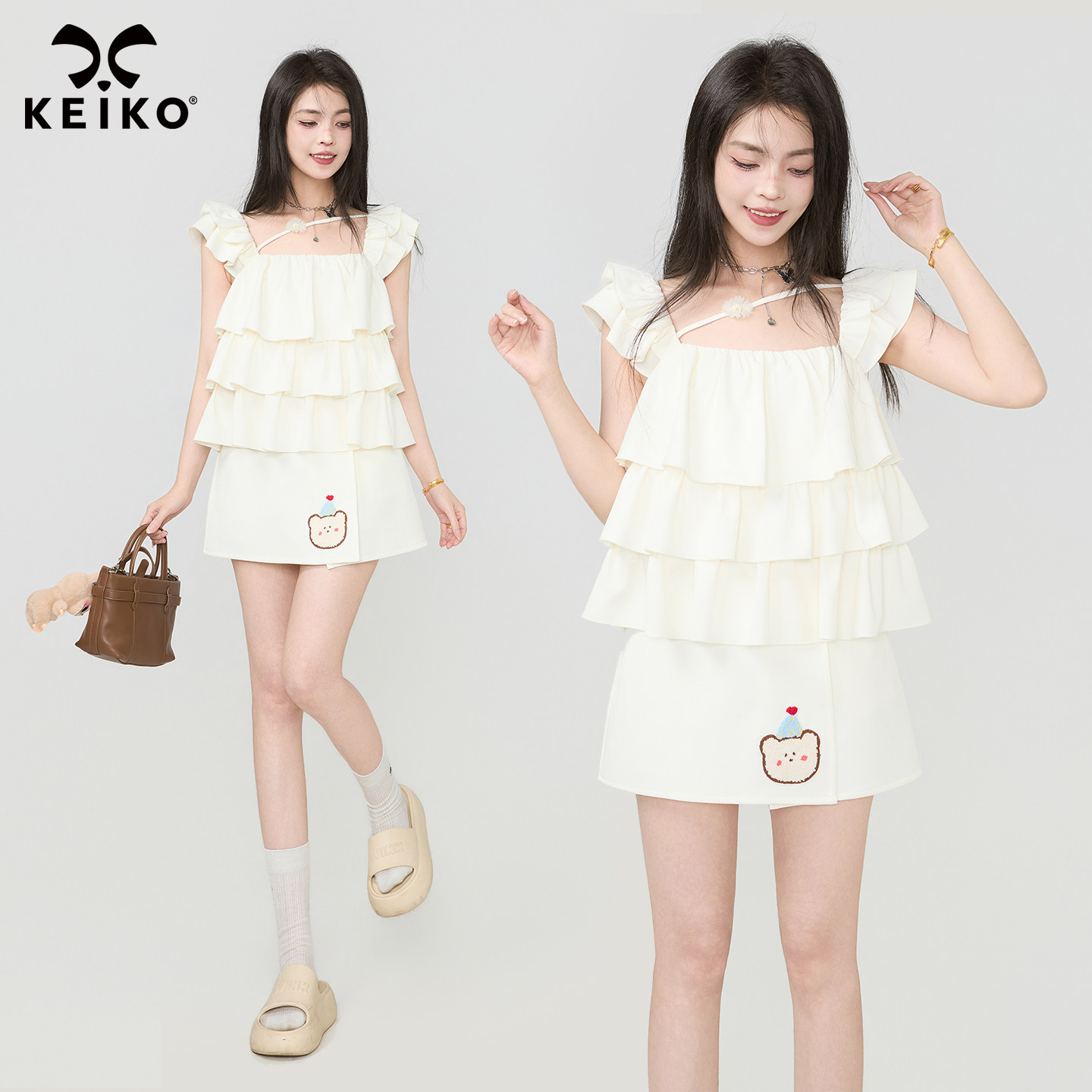 KEIKO夏季奶油少女风小飞袖衬衫图片
