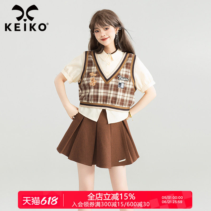 KEIKO 蝴蝶结girl学院风假两件短袖衬衫夏可露丽穿搭减龄chic上衣