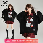复古黑色polo领卫衣女26春季 KEIKO 美式 洋气减龄宽松休闲外套上衣