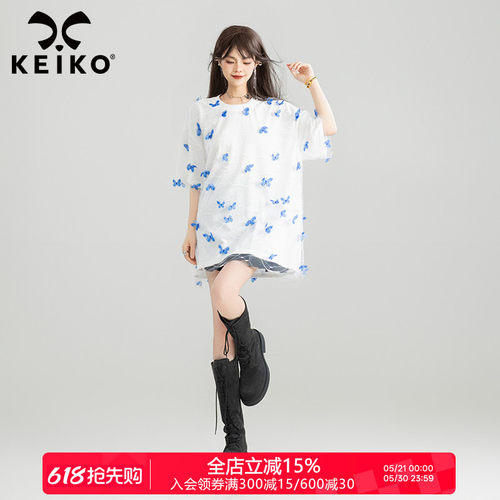 KEIKO蝴蝶花纱拼接白色短袖T恤
