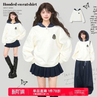 撞色连帽外套上衣 阿尔法学院派白色卫衣女2026春季 KEIKO 加密绒