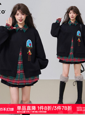 KEIKO 学院风假两件拼接黑色加绒卫衣26春季错序感宽松polo领外套