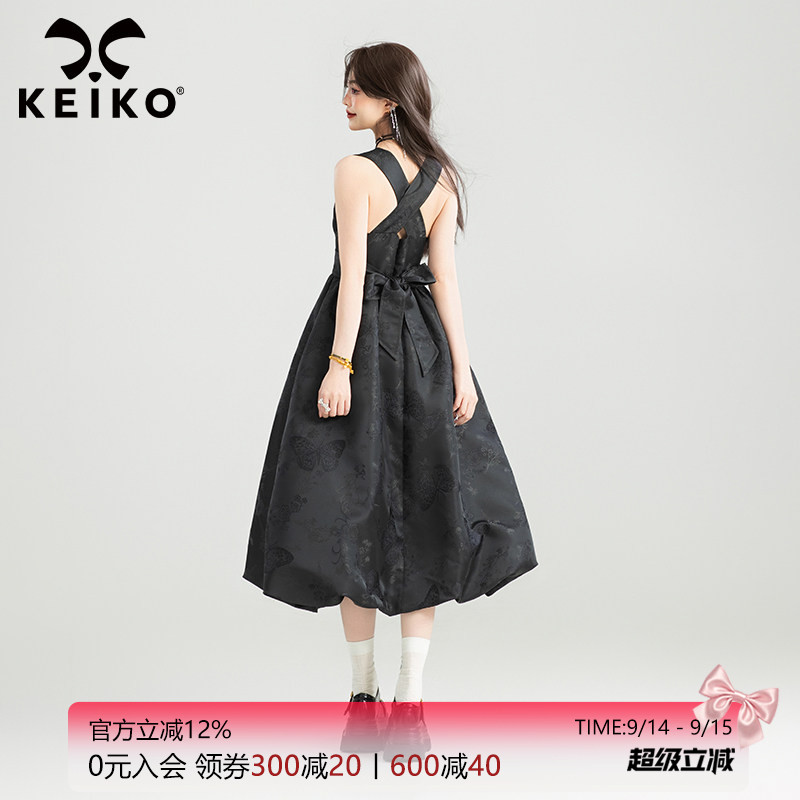 KEIKO黑色绑带蝴蝶结吊带连衣裙图片
