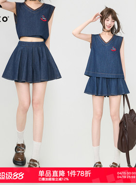 KEIKO 立体褶裥轻薄牛仔百褶裙裤夏季复古蓝色宽松牛仔短裤阔腿裤