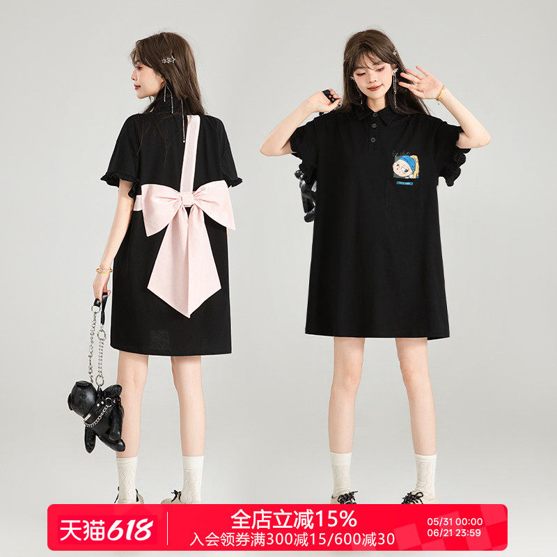 KEIKO 蝴蝶结girl 甜系黑色polo领连衣裙夏季少女感减龄t恤裙