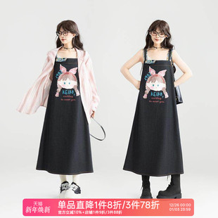 KEIKO 甜系印花牛仔背带长裙25秋日叠搭少女感减龄遮胯显瘦连衣裙