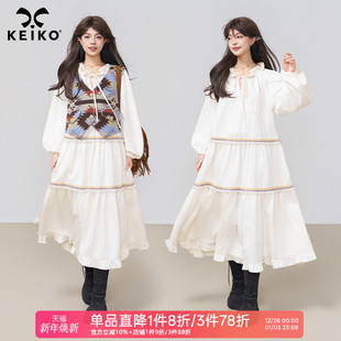 内搭叠穿拼接灯笼袖 提花织带饰白色连衣裙春季 A字长裙 法式 KEIKO