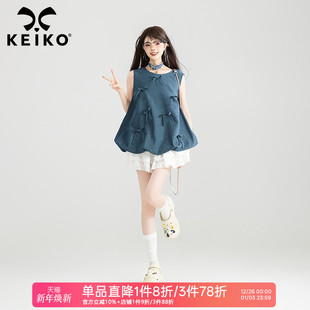 蝴蝶结扎花轻薄牛仔背心 上衣女25夏季 KEIKO 可甜可盐花苞形无袖