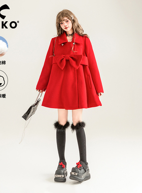 KEIKO [夹棉]新年红装蝴蝶结饰毛呢大衣冬季显瘦A字红色呢子外套