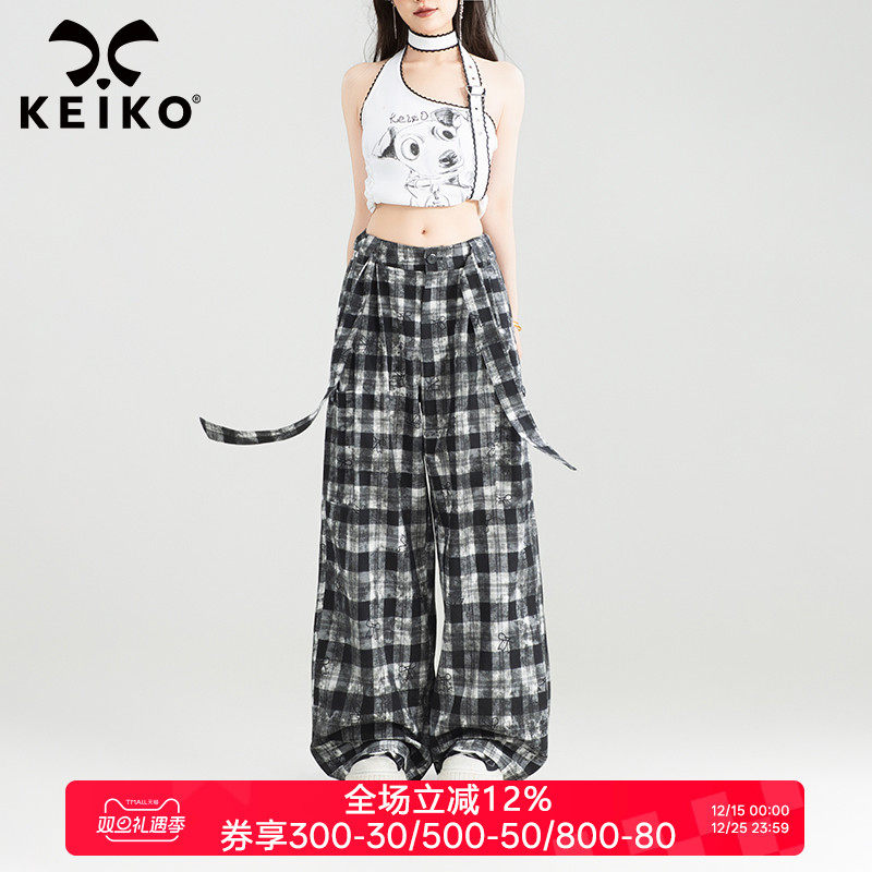 KEIKO飘带饰美式复古格子休闲裤