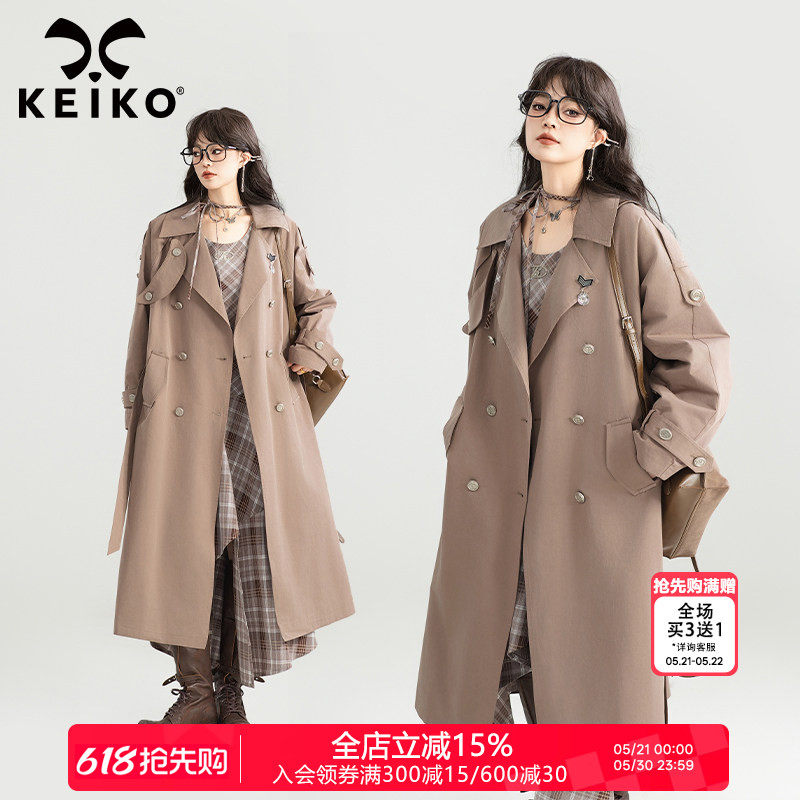 KEIKO 韩系高级感中长款系带风衣女26春季气质通勤双排扣外套大衣
