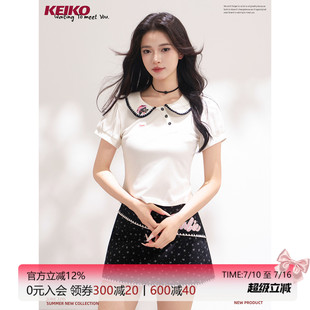 KEIKO 俏皮风白色娃娃领泡泡袖T恤女夏季Y2K卡通刺绣显瘦短款上衣