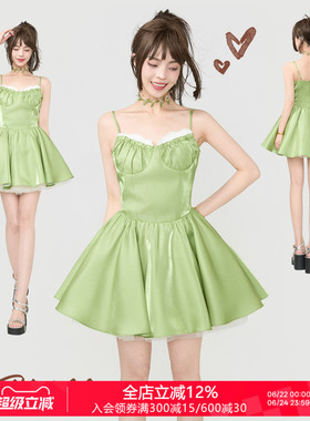 KEIKO 精灵少女风绿色吊带连衣裙夏轻氧感蕾丝拼接蓬蓬礼服公主裙