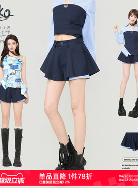 KEIKO 学院风蓝色拼接撞色短裤裤裙26夏季A字显瘦半身裙百褶短裙