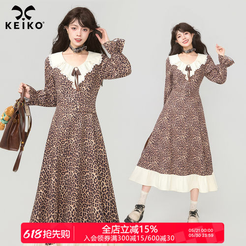 KEIKO法式复古豹纹蕾丝连衣裙