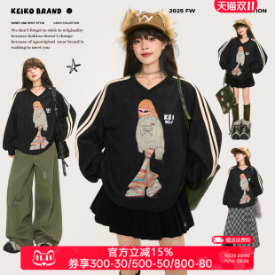 球衣风运动休闲宽松V领卫衣 高街撞色织带印花T恤25秋季 KEIKO 美式