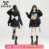 蝴蝶结girl 甜系黑色长袖 t恤26春季 KEIKO 元 气少女感前长后短上衣