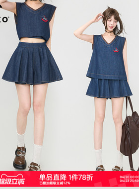 KEIKO 立体褶裥轻薄牛仔百褶裙裤夏季复古蓝色宽松牛仔短裤阔腿裤