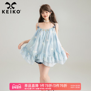 KEIKO [刺绣碎花]不规则荷叶边吊带裙短裙夏季海边度假无袖连衣裙